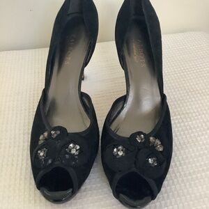 Black Suede Talbots Heels Black Beaded Peep Toe Excellent Condition Size 9
